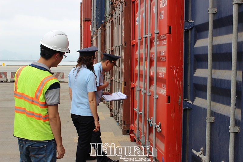 Công tác kiểm soát hải quan về container phế liệu tại cảng Cái Lân, Quảng Ninh. Ảnh: T.Trang
