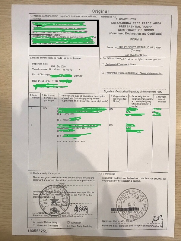 Cập nhật thông tin mới về C/O form E do Trung Quốc phát hành từ ngày 20/8.